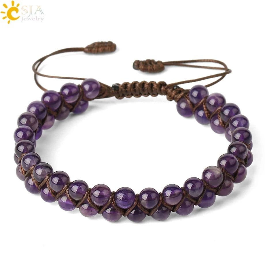 CSJA New Design Handmade 6mm Natural Gemstone Healing Energy Crystal Bead Adjustable Woven Friendship Bracelet G397