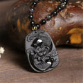 Chinese Natural Black Obsidian Hand Carved Fish Lotus Flower Pendant Amulet Lucky Beads Necklace Jewelry