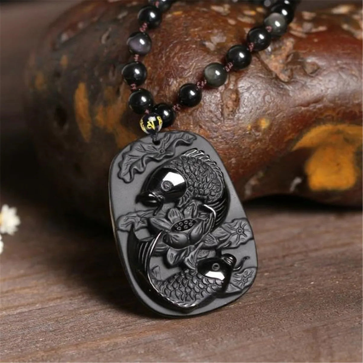 Chinese Natural Black Obsidian Hand Carved Fish Lotus Flower Pendant Amulet Lucky Beads Necklace Jewelry