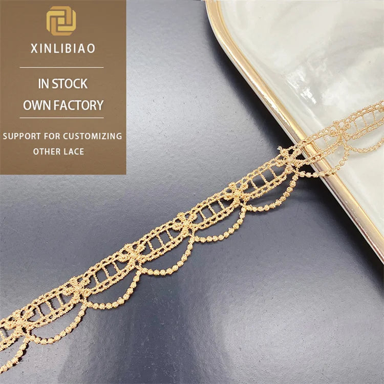 Water-soluble Gold Thread Lace Lolita Clothing Sewing and Embroidery Golden Lace Trim 100% Polyester Golden Lace Trim