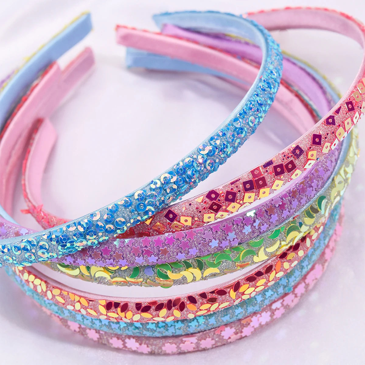 CN 7Pcs Sweet Shiny Sequin Headband with Star Flower Simple Kids Hairband Solid Color Girls Hair Accessories