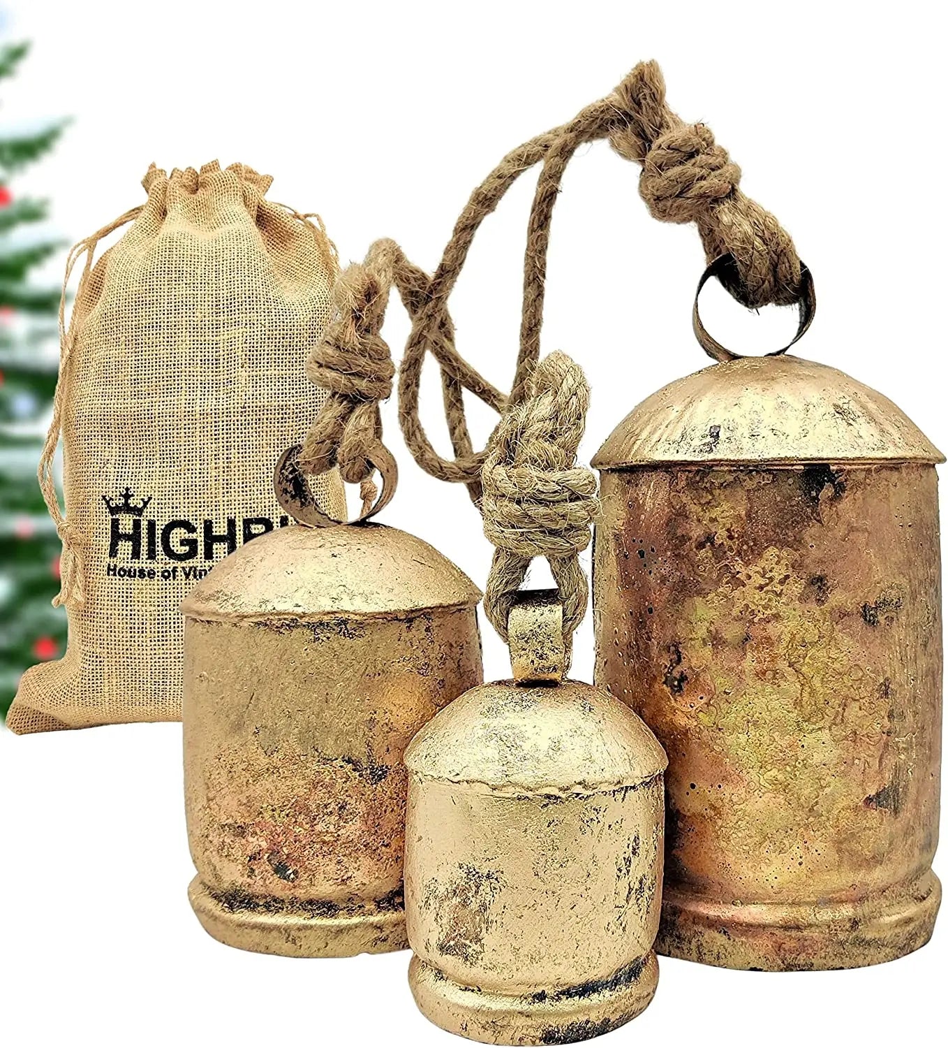 Set of 3 Giant Harmony Cow Bells Huge Vintage Handmade Rustic Lucky Large Christmas Hanging Bells on Rope