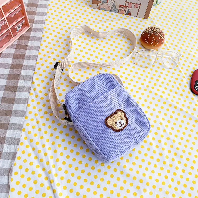 Cute Bear Women's Small Messenger Bags Student Soft Corduroy Girls Shoulder Bag Fresh Sweet Mobile Phone Female Handbag