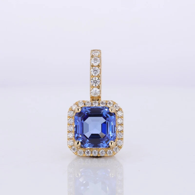 18K Yellow Gold Pendant 8X8mm Royal Blue Color Lab Sapphire Pendant