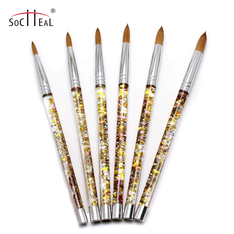 Top Quality 100% Pure Kolinsky Hair Nail Brush Acrylic Nail Art Brush with Quicksand Gold Handle Round Head 3D Carved Pen
