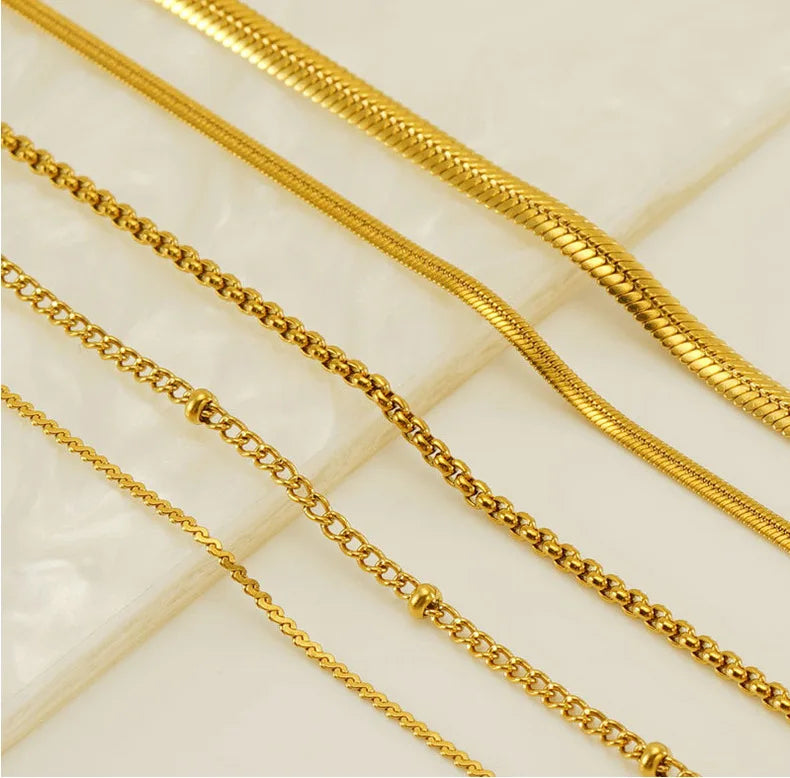 High Quality Waterproof Allergy Proof PVD 18K Gold Plated Stainless Steel Saturn Flat Snake Chain Square Beads Chain Necklaces