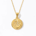 Vintage Round Sunburst Texture Stainless Steel 18K Gold Plated Moon Star Zircon Pendant Necklace
