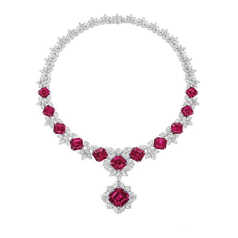 Luxury Ruby Sapphire Emerald Pendant Cubic Zirconia Paved Tennis Chocker Necklace 925 Silver Fine Jewelry Necklace