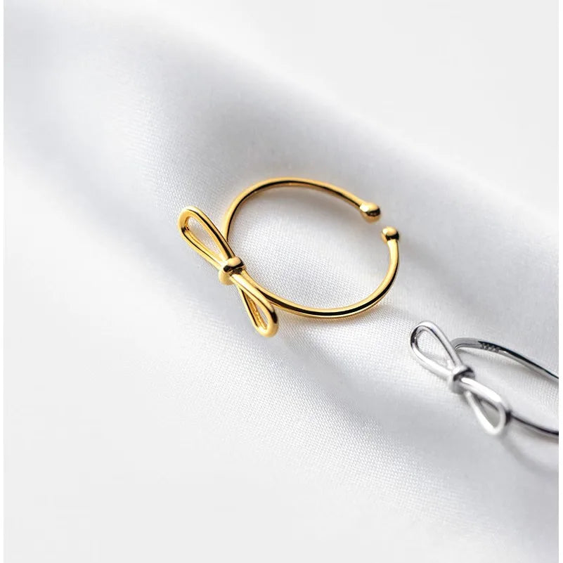 Bow Knot Shape Adjustable Open 18K Gold Plated 925 Sterling Silver Finger Rings Fashion Jewelry for Women Girls