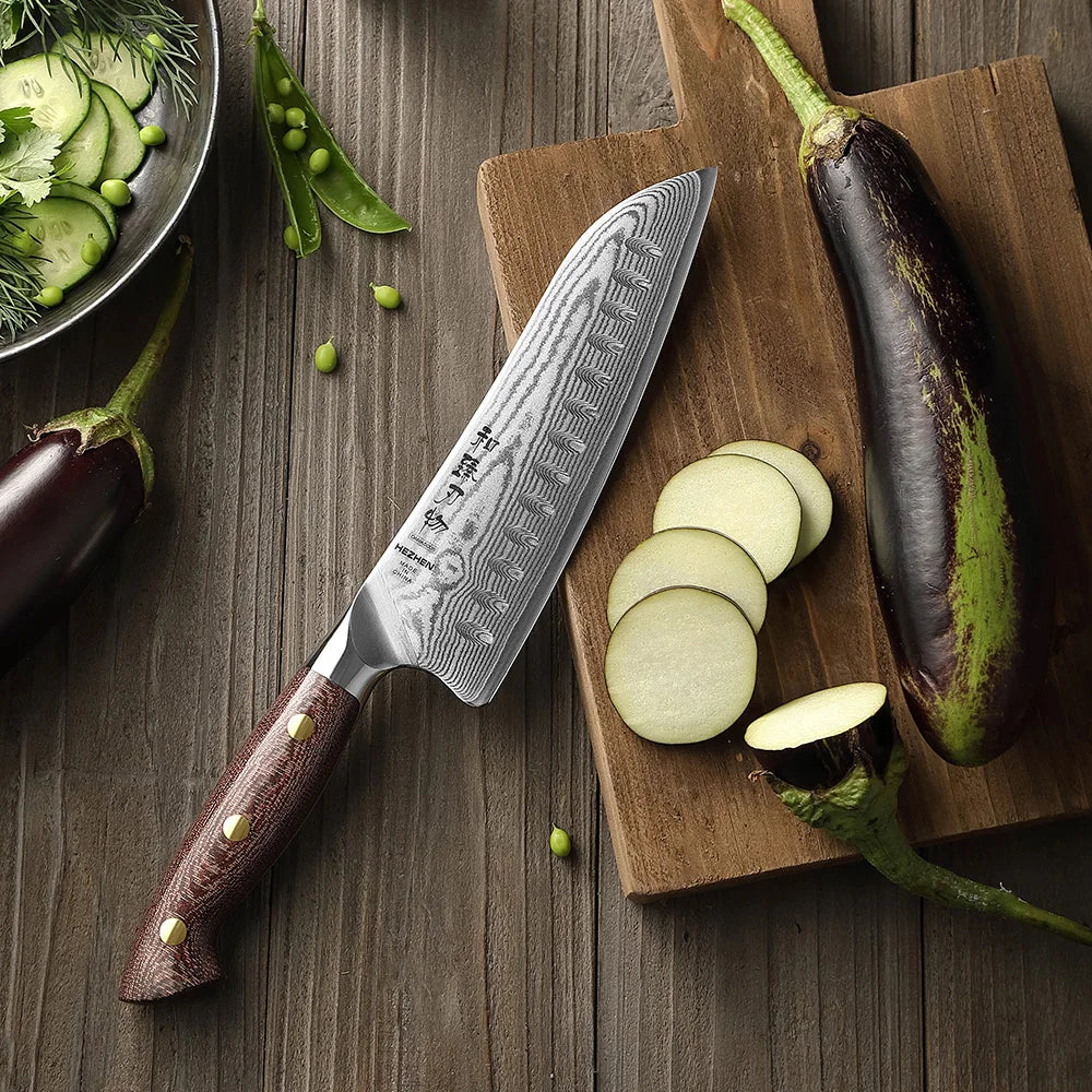 HEZHEN New Custom Damascus Steel Santoku Knife Sharp Japanese Kitchen Slicing Knives With Micarta Handle