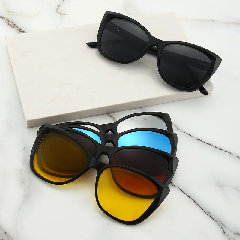 UNOC TR Polarized UV400 Full Rim Square Sunglasses 5-in-1 Magnetic Clip-On Unisex Night Vision Driving Lightweight