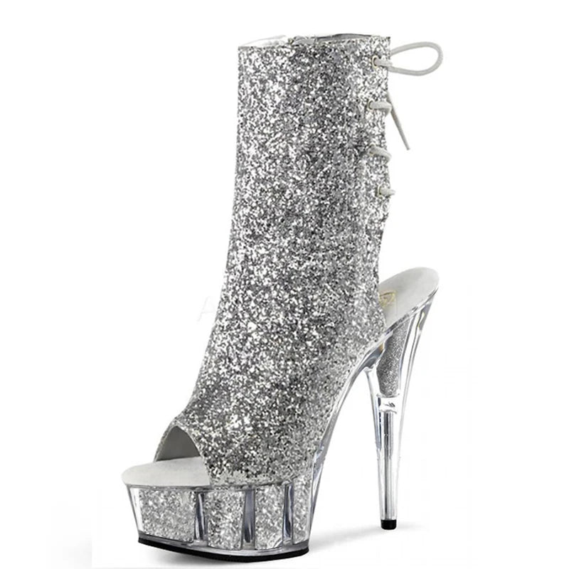 15 cm Stiletto Shoes Bridal Wedding Party Boots Fashionable Round Head Sequin Upper Ankle Boots