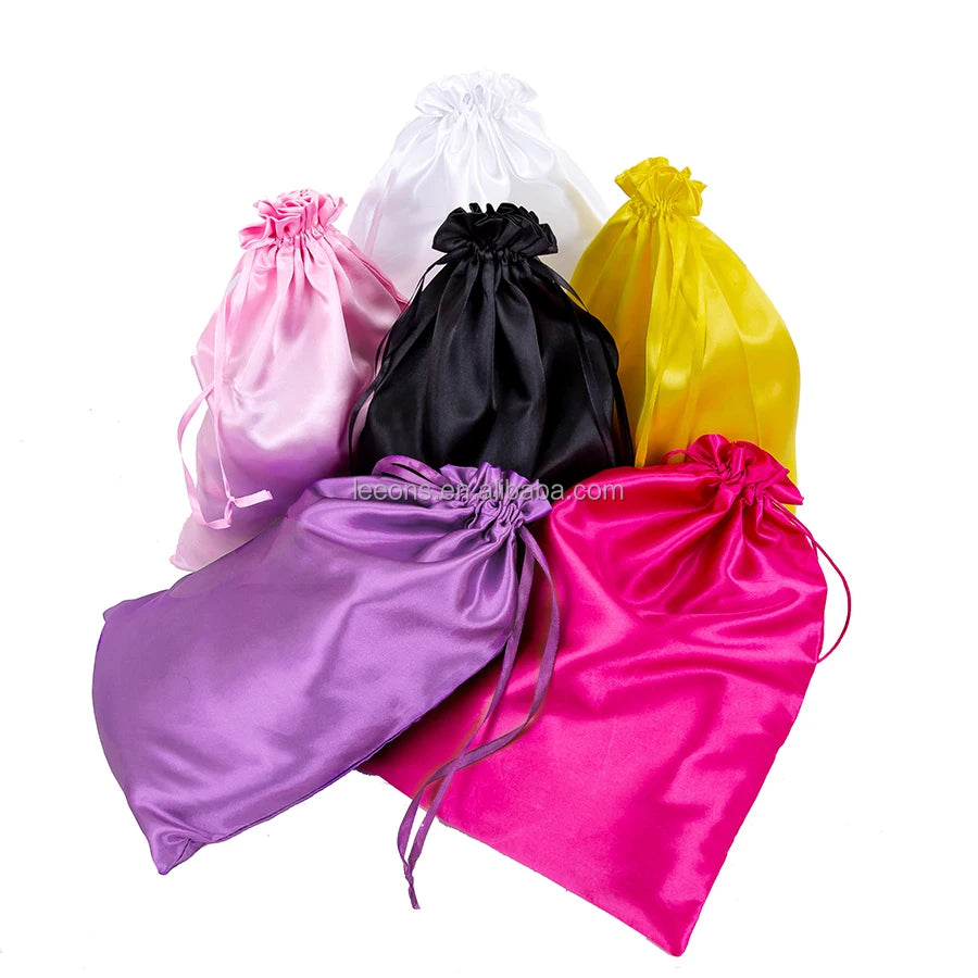 Custom Logo Human Hair Extension Storage Pouch Wig Packaging Bags Satin Drawstring Hair Bags for Bundles