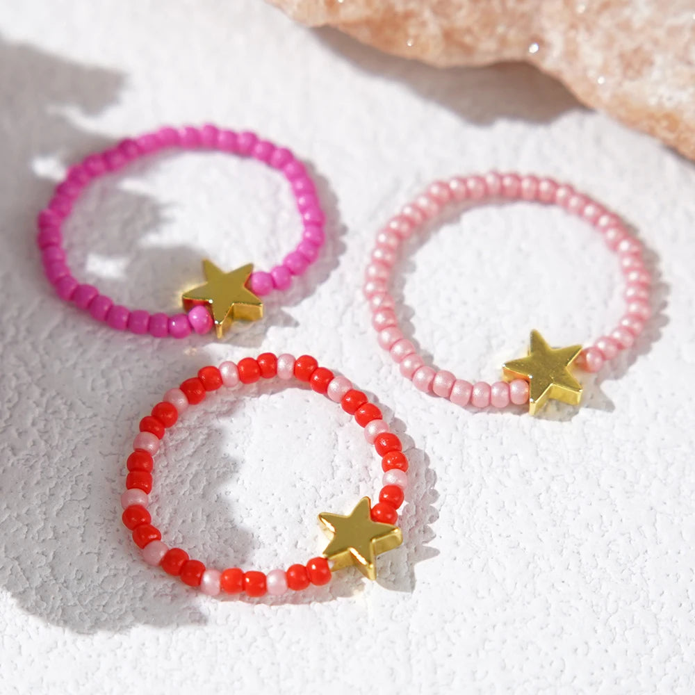 Go2boho 3PCS Boho Design Stretch Jewelry 2024 Colorful Beads Golden Hematite Stone of Star Elastic Rings for Women Wedding Gift MegaBDM