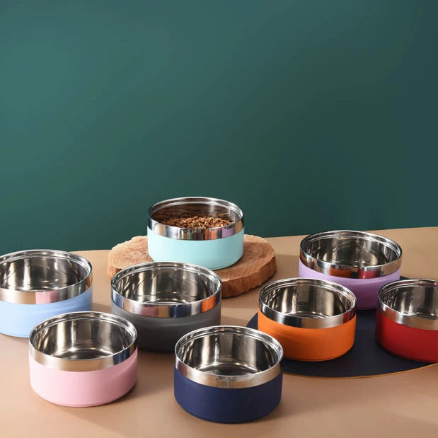 Wholesale Eco-Friendly Dog Bowl Stainless Steel Plastic Thickened Cylindrical 1L Food Bowl Double Layer Pet Cat Feeding Solid