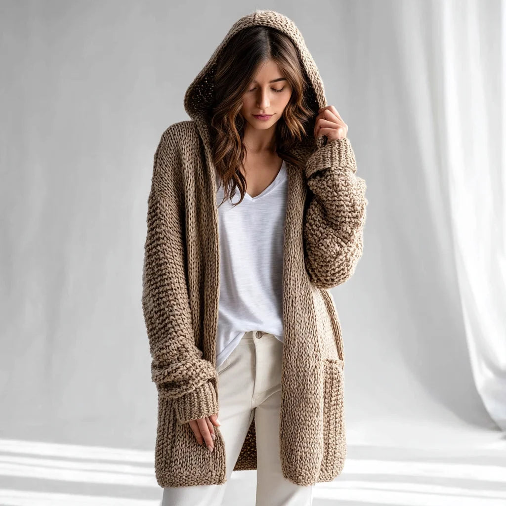 Women's Chunky Knit Hooded Sweater Coat Thick Acrylic Yarn Open Front Longline Silhouette Warm Outerwear