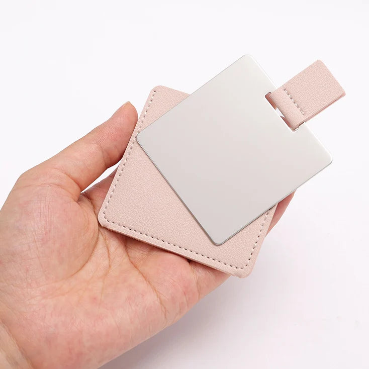 Custom logo Portable Travel  Stainless Steel Card Mirror with Leather Card Holder