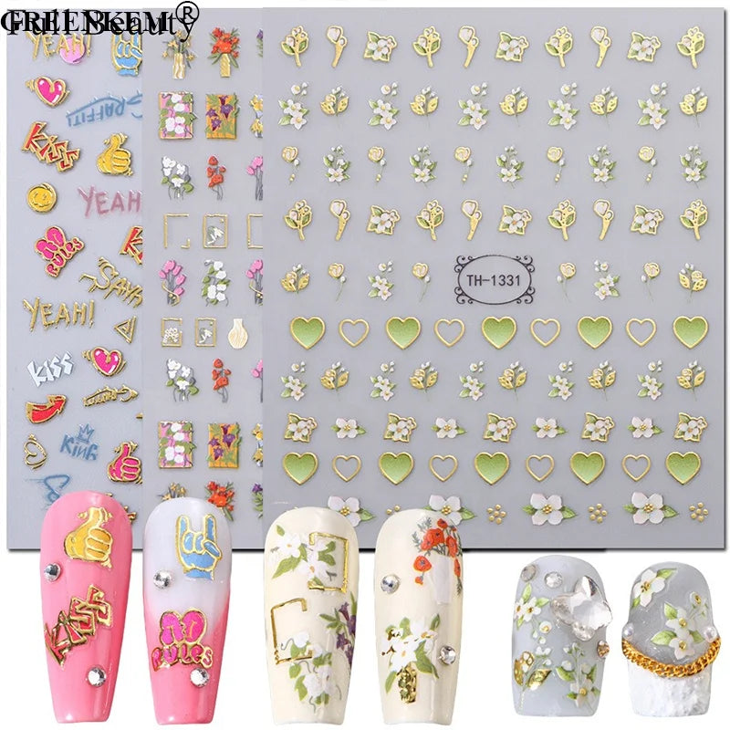 New Valentine's Day Flower Nail Stickers 3D Flower Heart Nail Decorations DIY Nail Art Stickers
