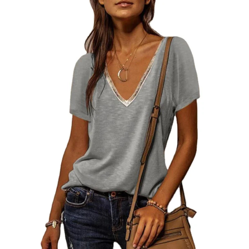 Summer Shirts for Women Fashion V Neck Patchwork Loose T Shirt Female Short Sleeve Top Ladies Tee Plus Size Shirt Pullover