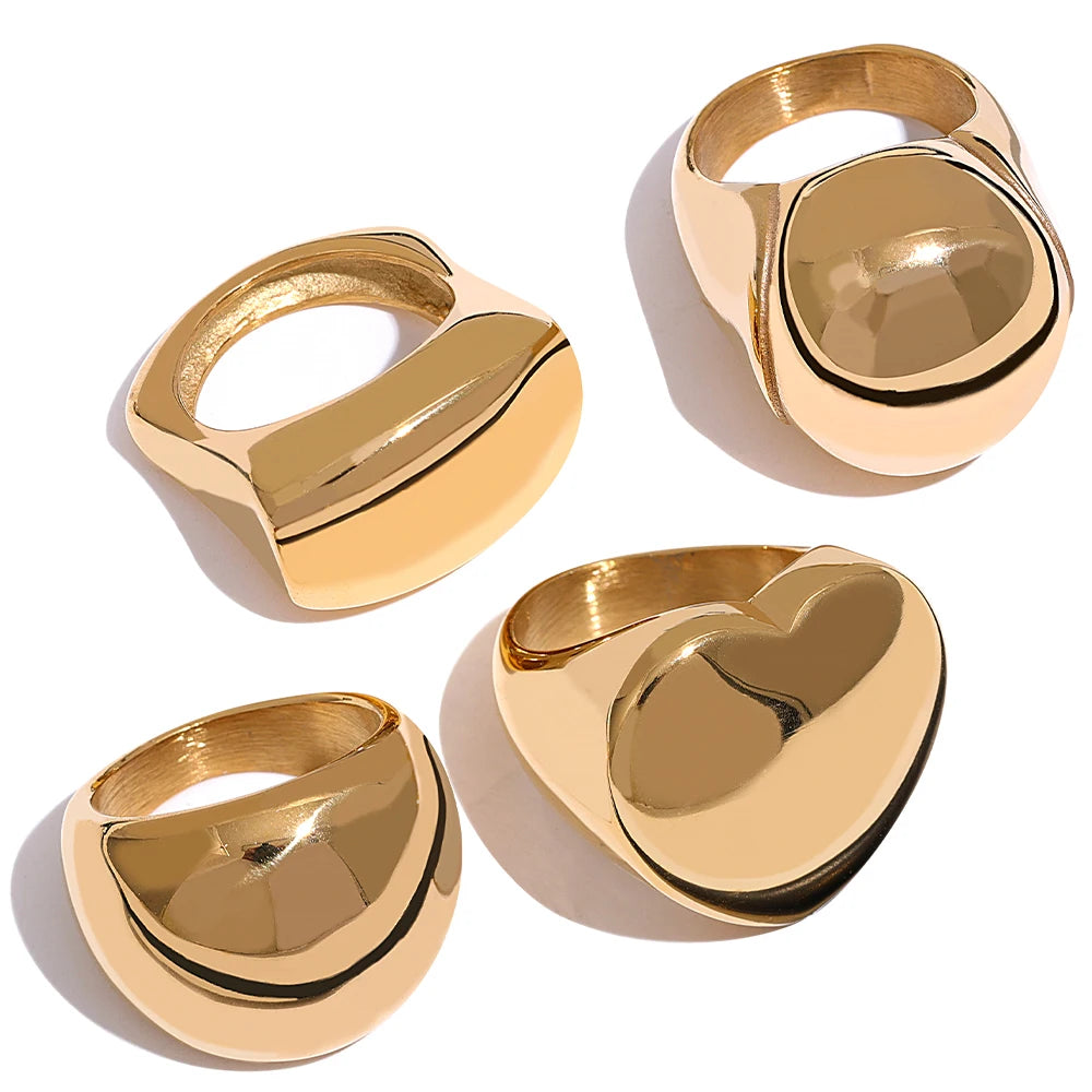 JINYOU 1563 Statement 316 Stainless Steel Large Exaggerated Big Gold Glossy Geometric Heart Round Anillo Ring Jewelry for Women