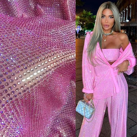 HS0111 Stylish Sequins Fabric With SS10 Rhinestones pink ab Light Rose ab Stones for Fashion Costumes