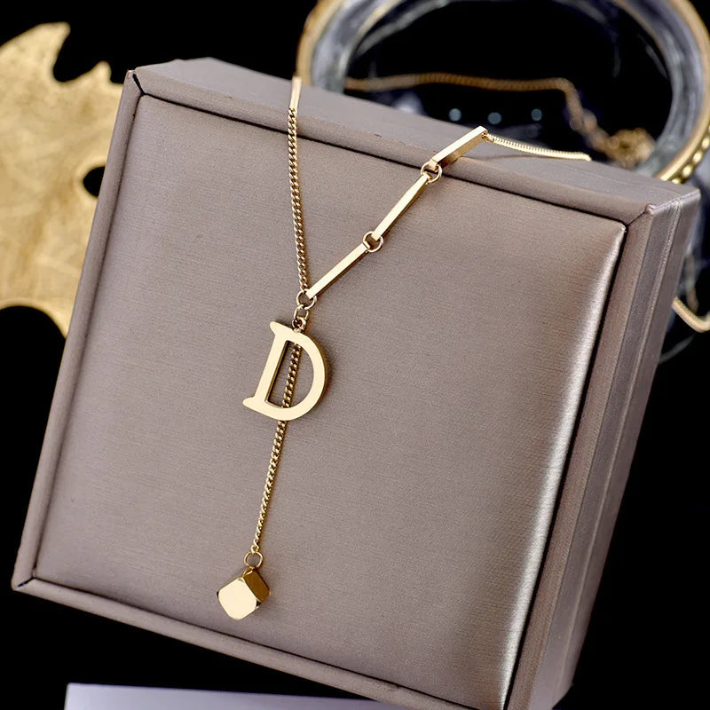 2023 Titanium Steel Necklace Female Niche Luxury Simple Letter D Pendant Trendy 18k Gold Plated Long Chain Necklace for Women
