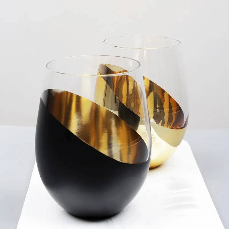550ml Hot Electroplate Modern Matte Black and Gold Tilted Design Stemless Wine Glasses Tumblers