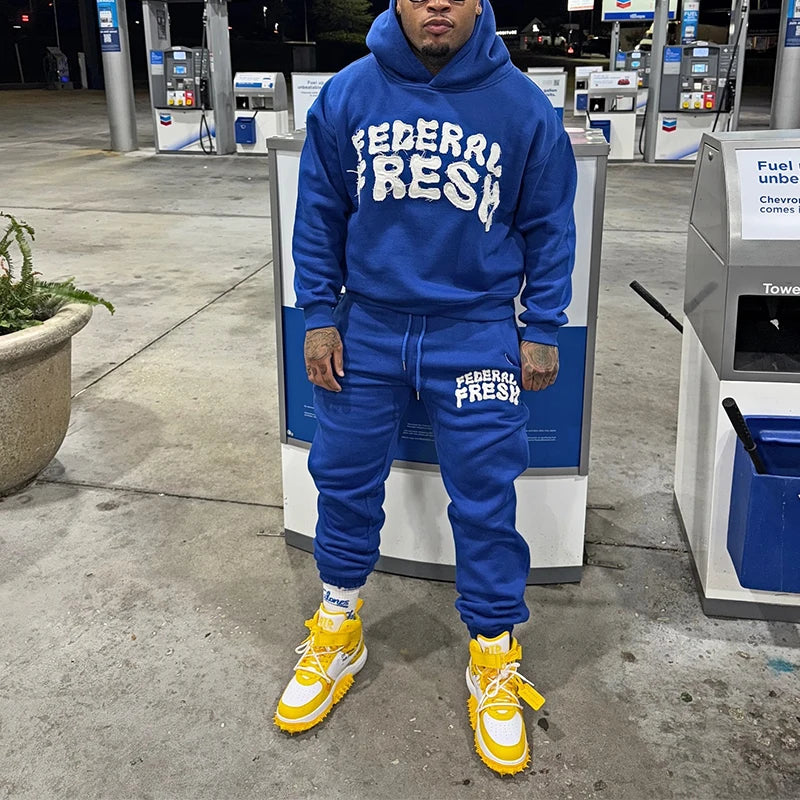 Hoodie Manufacturers Custom Pullover Embroidery Distress Hoodie Jogger Set Hoodie and Baggy Stacked Sweatpants Set
