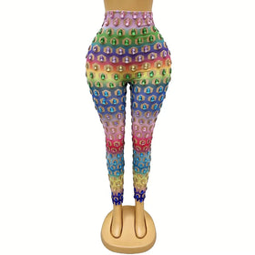 Vestidos Mujer Sexy Candy Color Mesh Bodycon Crystal Pants Stage Performance Trousers Night Club Party Trousers Dance Legging