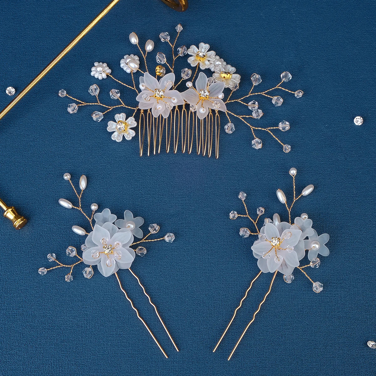 Rhinestone Crystal Wedding Hair Combs Handmade Vintage Hair Pins Resin Flower Wedding Pearl Jewelry Sets