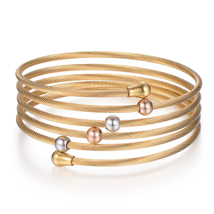 Europe Women Twist Cable Wire Stainless Steel Wrap Bracelet Multilayer Fine Bangle Bracelet with Beads Charm