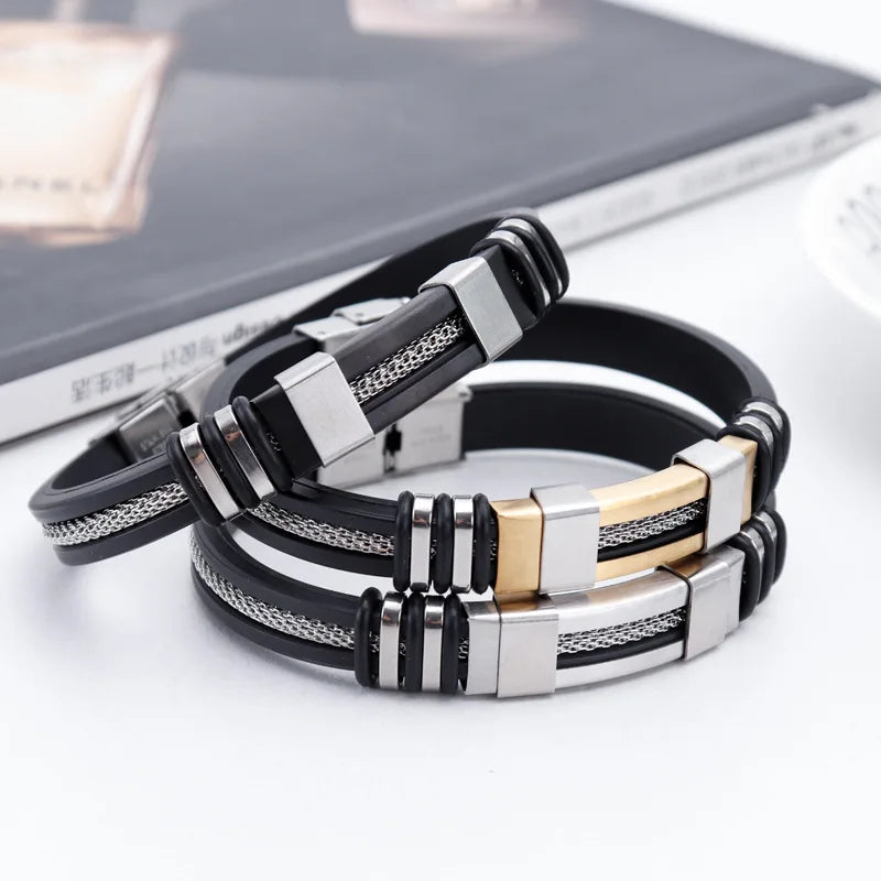 Fashion Charm Jewelry Punk Black Silicone Cuff Bracelets Vintage Stainless Steel Rubber Bracelet for Men Pulsera Hombre