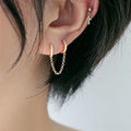 3 Metal Color Inset Diamond Hoop Earrings Women Single Chain Earrings Creative Two Hole Piercing Earrings for Women