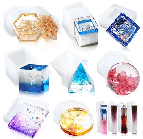 Resin Molds Silicone Kit 12Pcs Silicone Molds for Epoxy Resin Casting DIY Home Decor Coaster Ashtray Jewelry Box Making