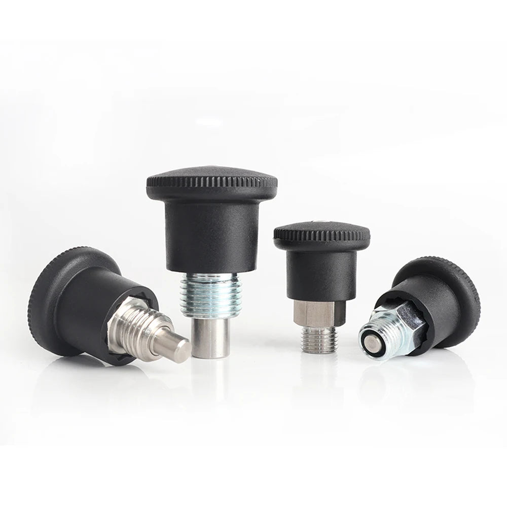 Black Steel Pull Knob with Spring Retractable Mini Self-Locking Indexing Plunger Threaded Compacted Type