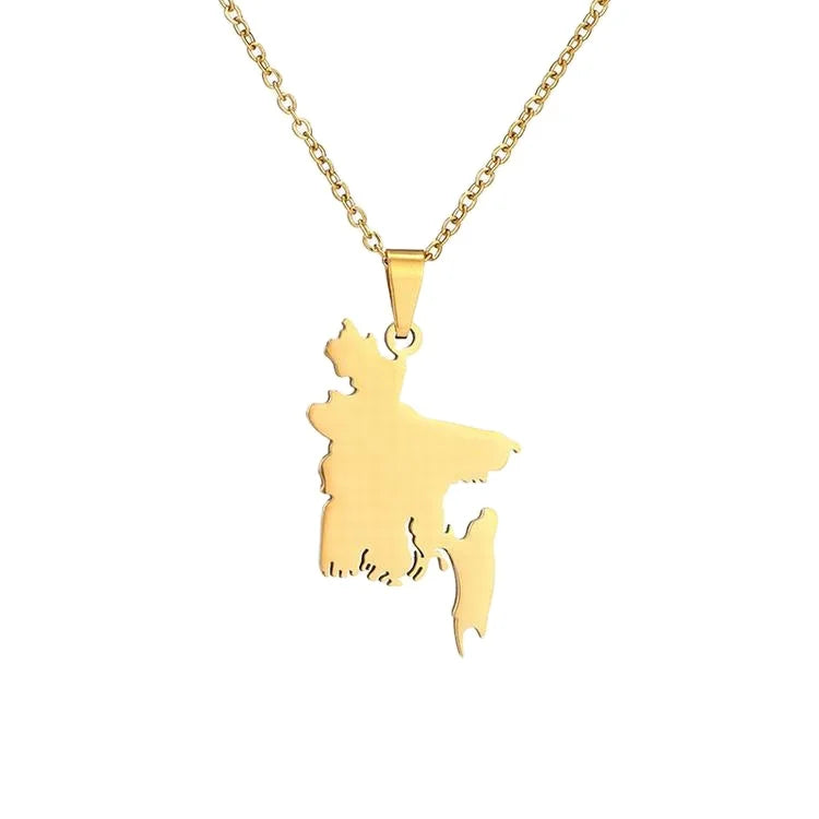 New Titanium Steel Smooth Heart-Shaped Hollow Golden Bangladesh Map Shape Pendant Necklace Female Clavicle Chain