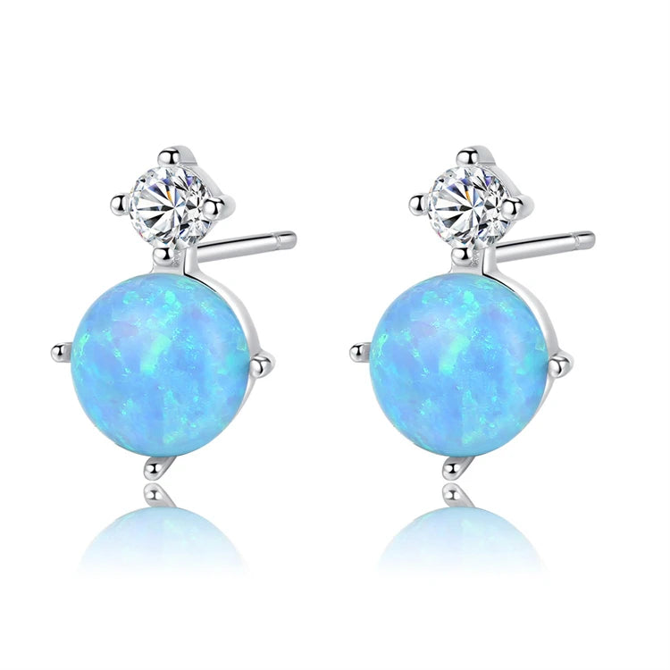 Fine Jewelry 925 Sterling Silver Round Natural Opal Stud Earrings for Women Girls