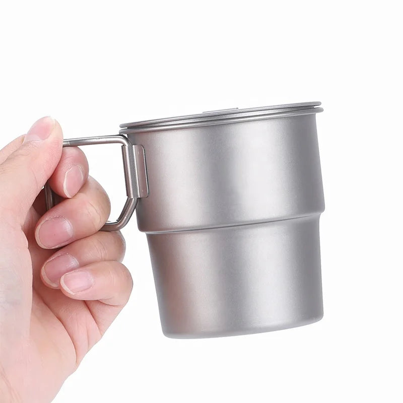 Travel Accessories 300ml Titanium Coffee Tea Cup Water Mug with Foldable Handles for Outdoor Camping Hiking Backpacking Picnic