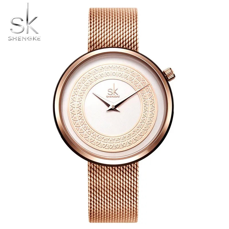Shengke 2026 New Style Fashion Customized Stainless Steel Mesh Rose Gold Unique Sword-like Pointer Women Wrist Watch