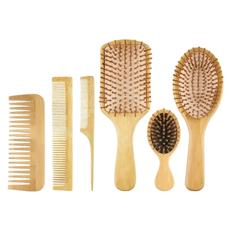 Dropshipping 100% Natural Bamboo Detangling Paddle Dropship Hair Brush and Comb Set Custom Logo 6pcs Multi-Size for Home Use