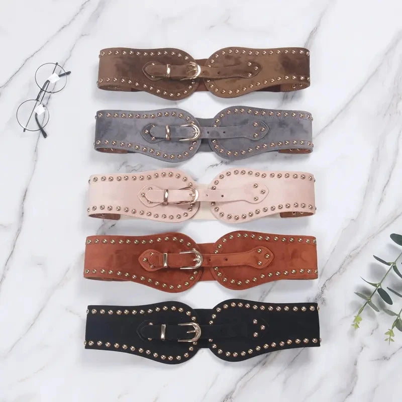 Meetee CB822 85cm Garment Belts Accessories Women Dress Elastic Cummerbunds Suede Rivet Wide Leather Corset Belts