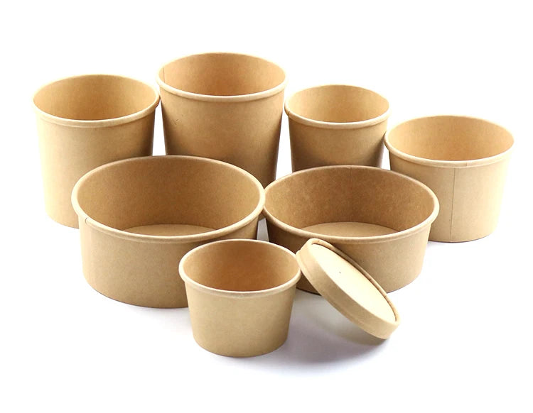Brown Custom Printing Disposable Food Packing Salad Bowls Kraft Paper Bowl with Lid