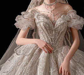 S0409T 2025Elegant Trailing Bridal High Quality Long Skirt Fan Veil Glove Plus Size Lace Decoration Half A-Line Wedding Dress