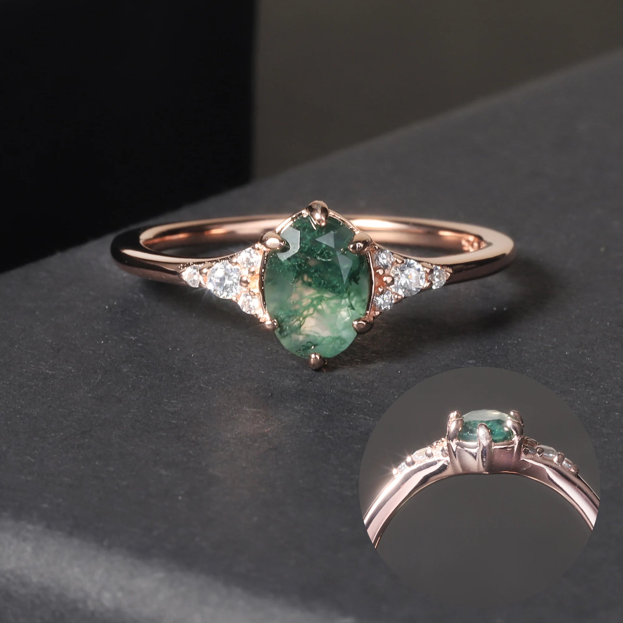 OL0896 Abiding Fine Jewelry Custom Engagement Gemstone 925 Sterling Silver Oval 5x7mm Moss Agate Ring for Wedding