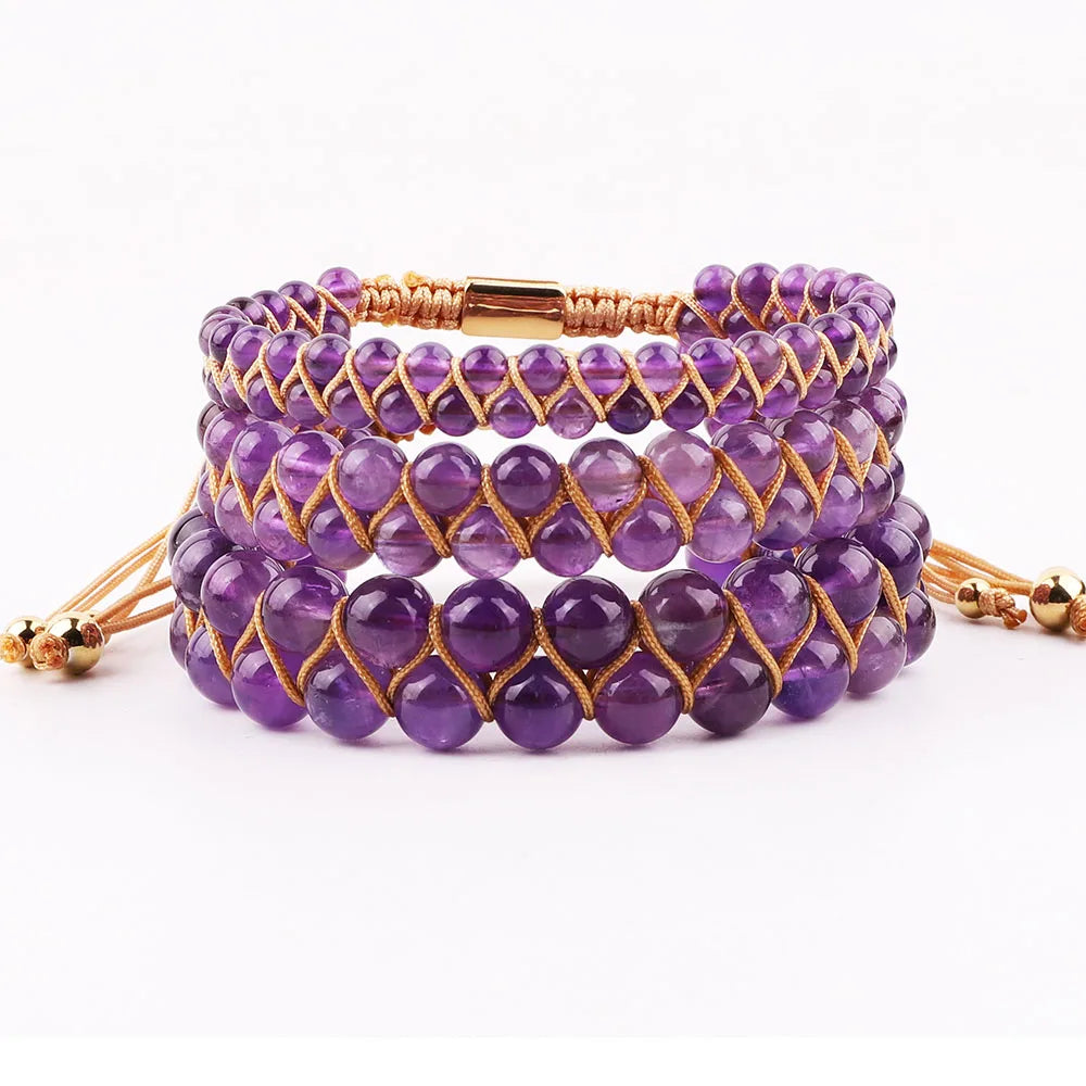Natural Stone a Grade Amethyst Double Layer Beaded Braided Macrame Bracelet Beads With Custom Logo for Women JBS12569