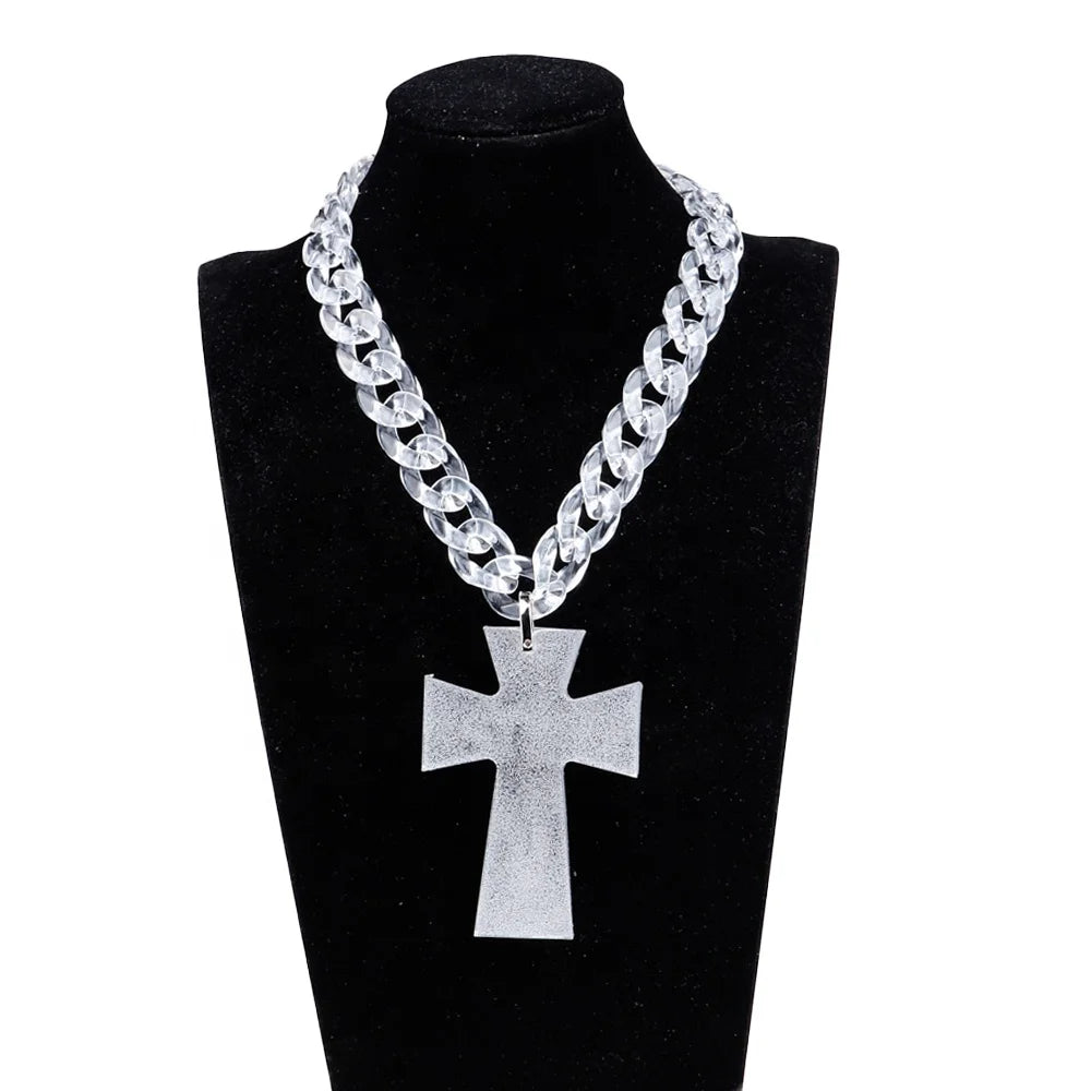 Punk 2024 Pop Men's Hip Hop Cross Necklace Transparent Custom Resin Pendant Clear Chunky Chain Acrylic Cross Necklace