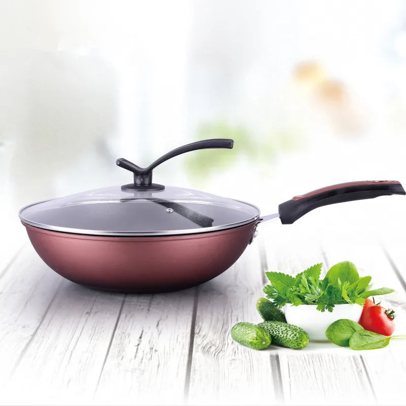 Hot 32/34cm Korean Metal Party Home No Oily Smoke and No Coating Non Stick Cast Iron Wok Wok with Tempered Glass Lid