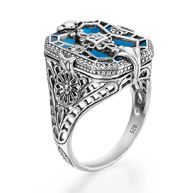 Customized Vintage Solid 925 Silver Gemstone Ring Women Engagement Wedding Party Blue Topaz Hip Hop Style