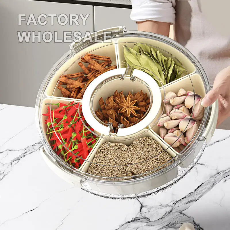 Kitchen sealed 360 Rotatable Round Spice Storage Box Food Grade 6-panel clear Seasoning Box with Handle Refrigerator Crisper