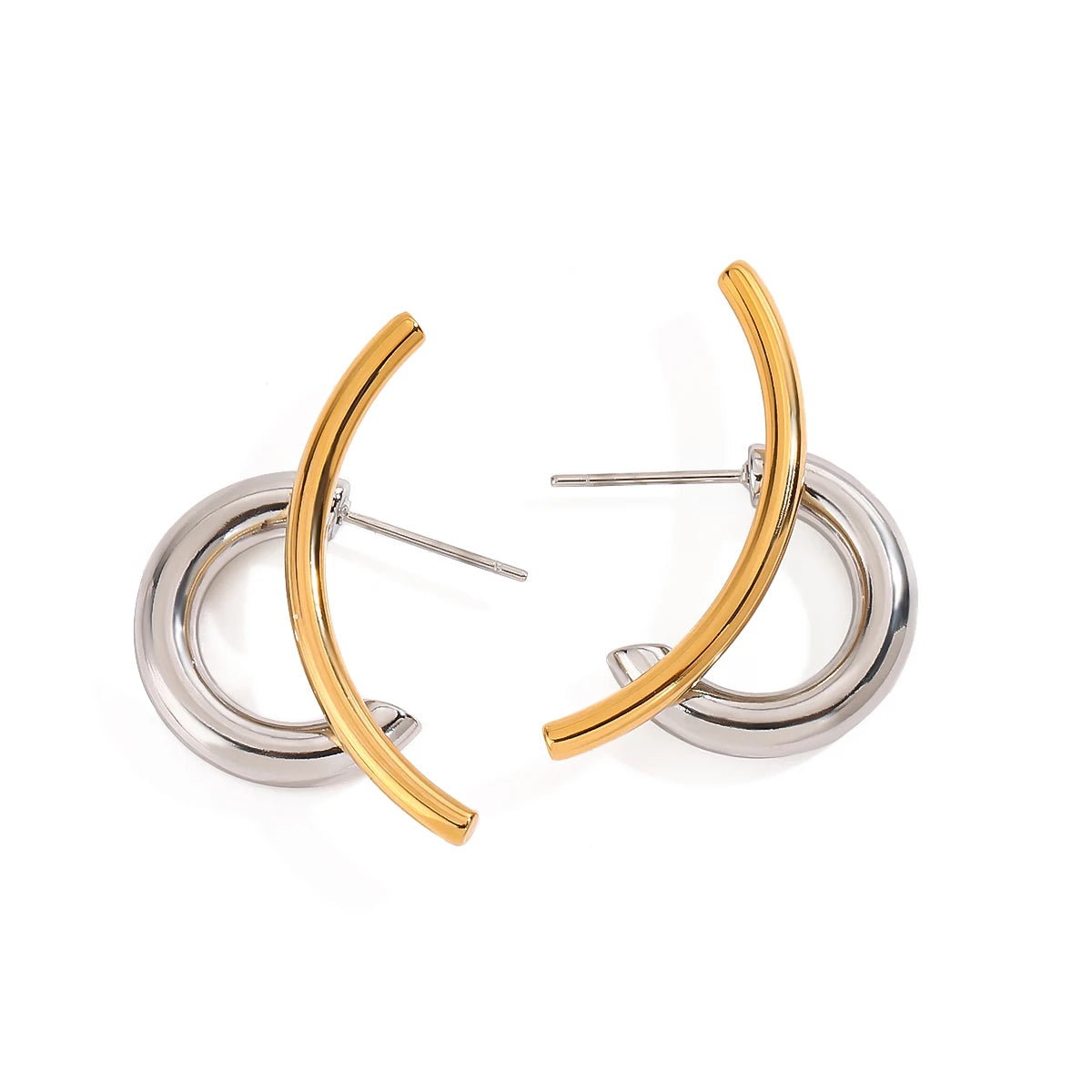 J&D Fashion Modern Minimalist 18K Gold Plated Waterproof Stainless Steel Stud Earrings Two Tone Geometric Liner Design